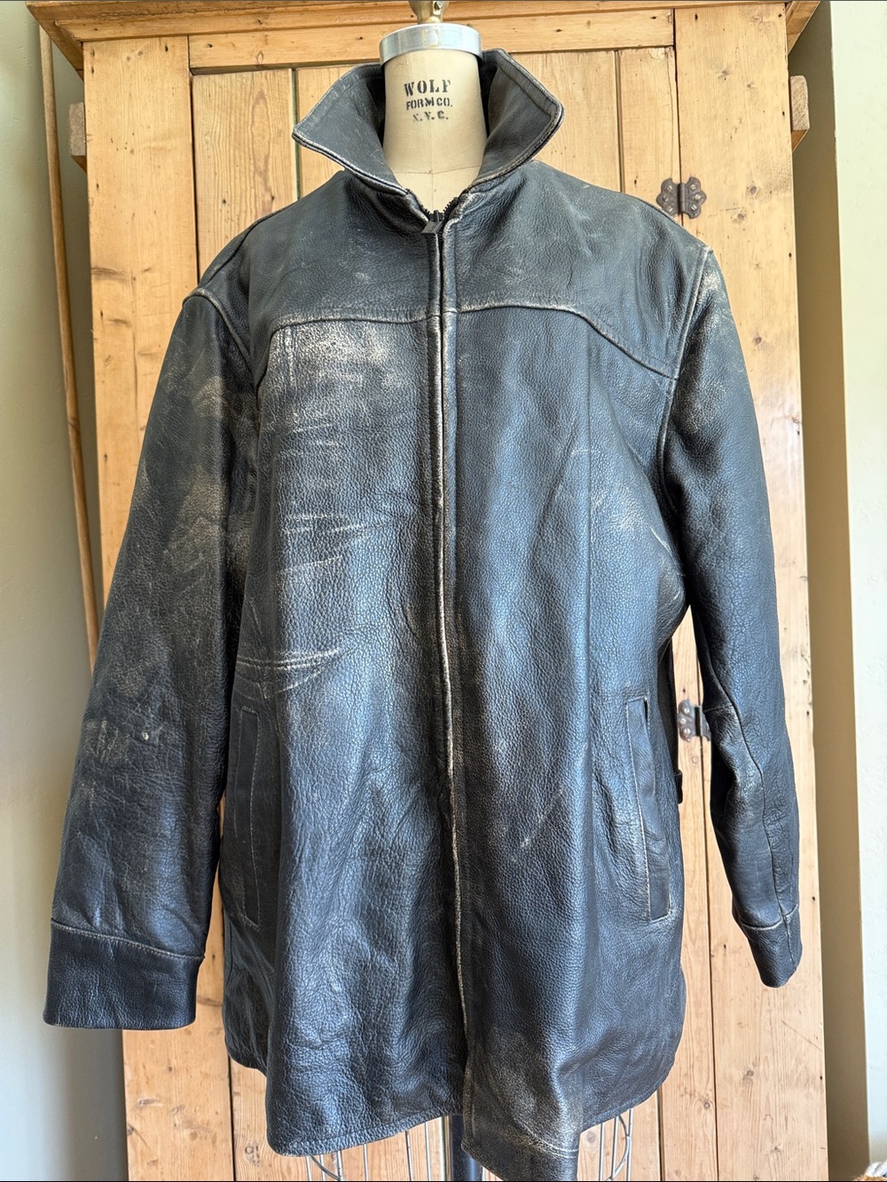 Kenneth Cole Distressed Black Leather Zip-Front Field Jacket